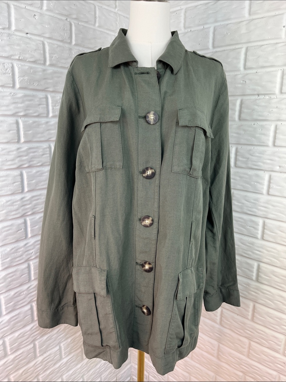 J. JILL UTILITY JACKET ARMY GREEN MILITARY SAFARI BUTTON UP LINEN BLEND SZ LG - Picture 3 of 13